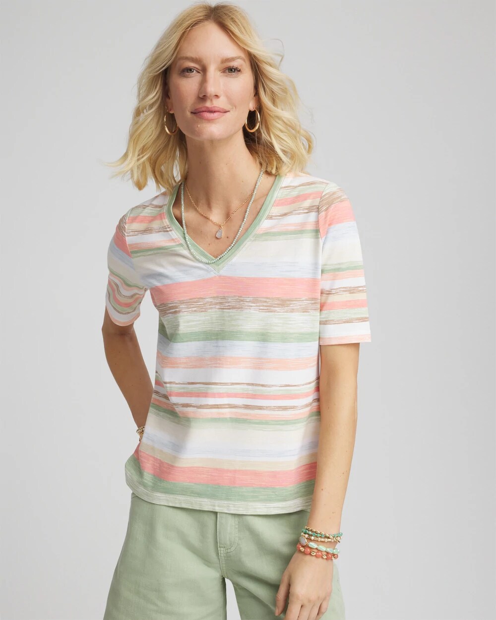【SATIIIZ】Peosen Mixed Stripe Cara Tee Perfect Multi-Striped V-Neck Tee | Chico's